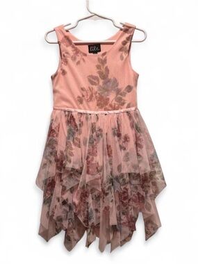 lilt Peach Pink Floral Tulle Handkerchief Hem Dress